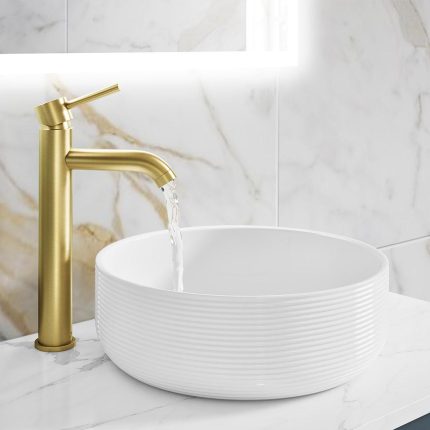 Alternative view of Lagos Freestanding Ceramic Basin with Striped Texture