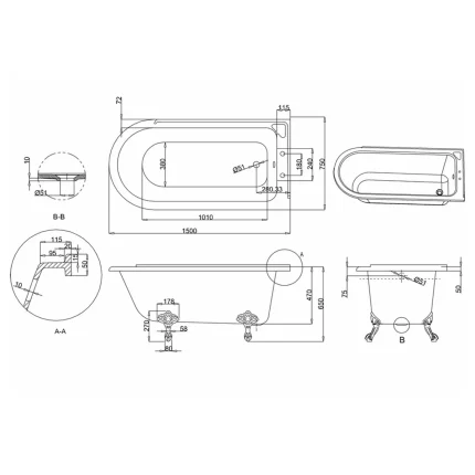 Alternative view of Burlington Hampton 1500 Right Hand Back to Wall Showering Bath with Traditional Nickel Feet