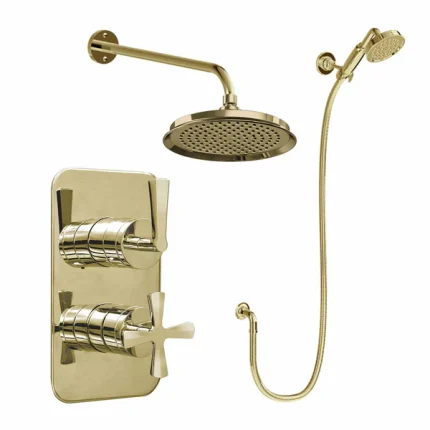Burlington Riviera Thermostatic Shower Valve with 9 Inch Fixed Overhead and Handset - Gold