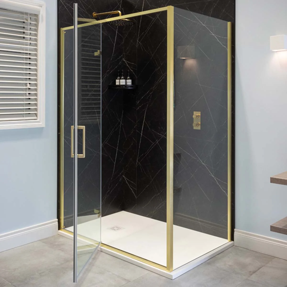 Merlyn 6 Series Sleek Hinged Shower Door With Inline Panel - Brushed Brass - Image 3