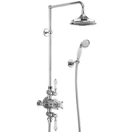 Burlington Avon Exposed Thermostatic Rigid Riser Shower with 2 Outlet Valve, Shower Head and Handset - Chrome