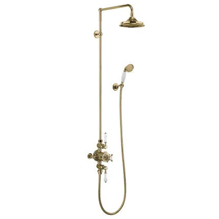 Burlington Avon Exposed Thermostatic Rigid Riser Shower with 2 Outlet Valve, Shower Head and Handset - Polished Gold