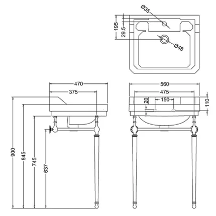 Alternative view of Burlington Jet Edwardian 56cm Black Rectangular Basin With Wash Stand