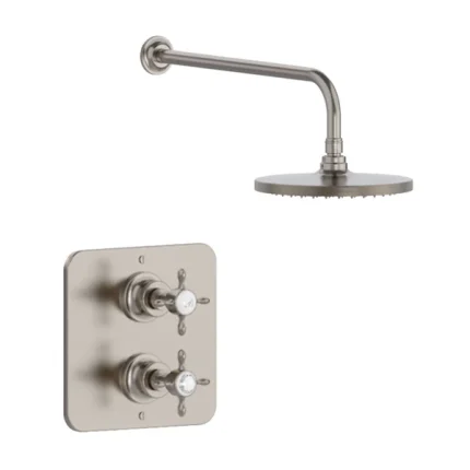 Burlington Guild Thermostatic Single Outlet Shower Valve with Fixed Head - Brushed Nickel