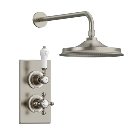 Burlington Trent Thermostatic Single Outlet Shower Valve with Fixed Head - Brushed Nickel
