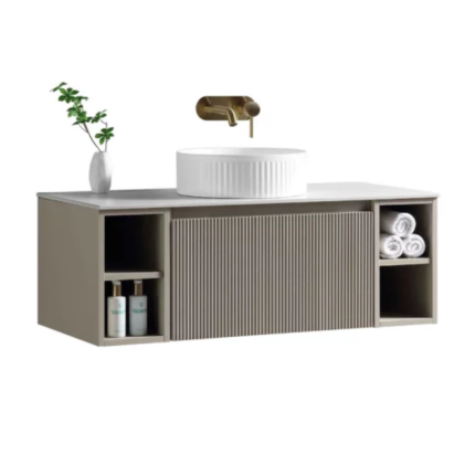 Florence Fluted 1000 Wall Mounted Vanity Unit With Worktop and Open Shelf - Soft Coffee