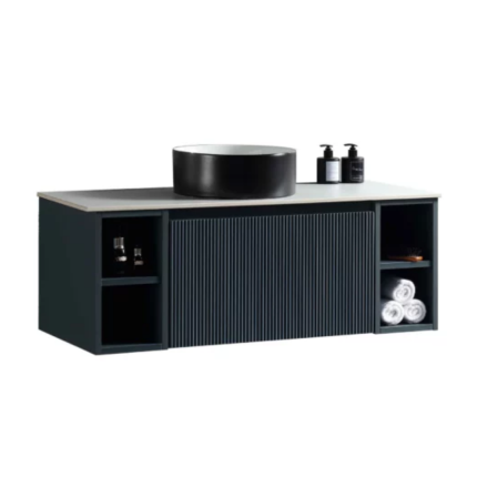 Florence Fluted 1000 Wall Mounted Vanity Unit With Worktop and Open Shelf - Midnight Shadow