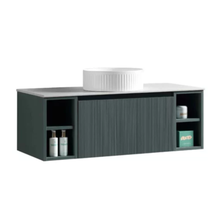 Florence Fluted 1000 Wall Mounted Vanity Unit With Worktop and Open Shelf - Smoked Sage
