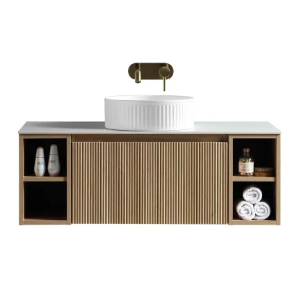 Florence Fluted 1000 Wall Mounted Vanity Unit With Worktop and Open Shelf - Country Oak