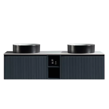 Florence Fluted 1400 Wall Mounted Vanity Unit With Worktop and Open Shelf - Midnight Shadow
