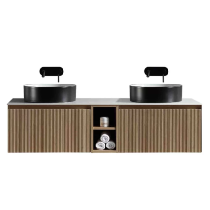 Florence Fluted 1400 Wall Mounted Vanity Unit With Worktop and Open Shelf - Country Oak