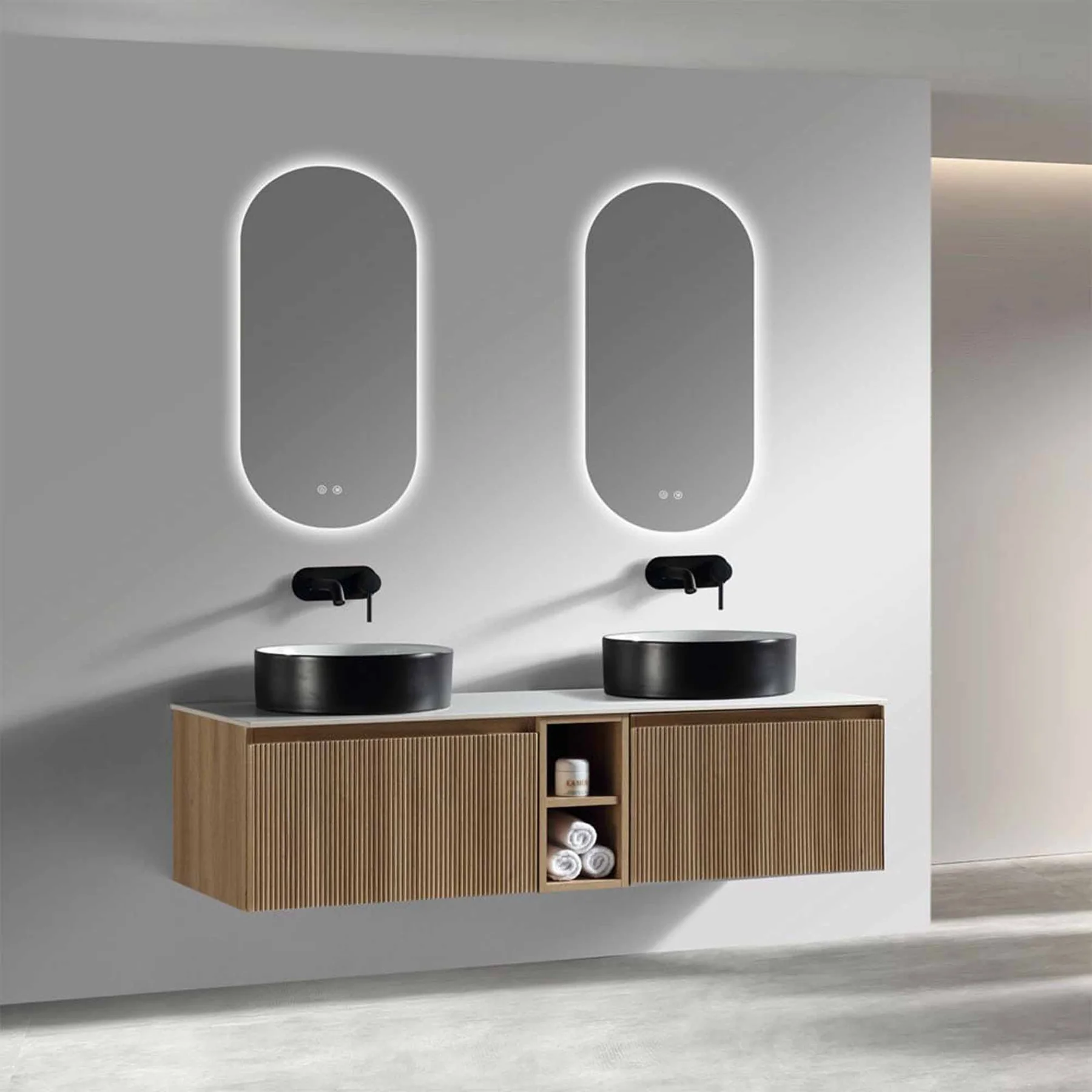 Florence Fluted 1400 Wall Mounted Vanity Unit With Worktop and Open Shelf - Country Oak - Image 3