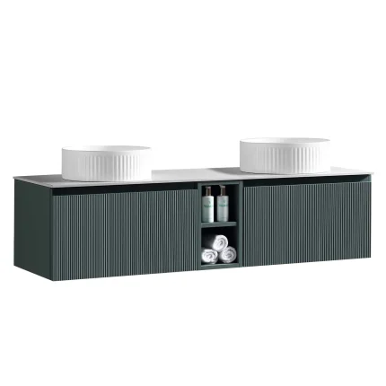Alternative view of Florence Fluted 1400 Wall Mounted Vanity Unit With Worktop and Open Shelf - Smoked Sage