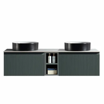 Florence Fluted 1400 Wall Mounted Vanity Unit With Worktop and Open Shelf - Smoked Sage