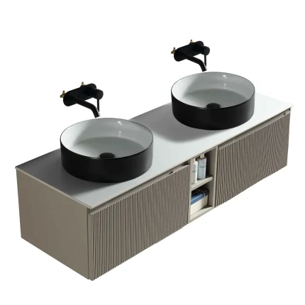 Alternative view of Florence Fluted 1400 Wall Mounted Vanity Unit With Worktop and Open Shelf - Soft Coffee