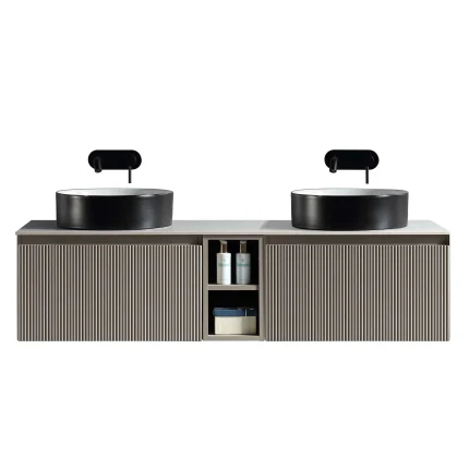Florence Fluted 1400 Wall Mounted Vanity Unit With Worktop and Open Shelf - Soft Coffee