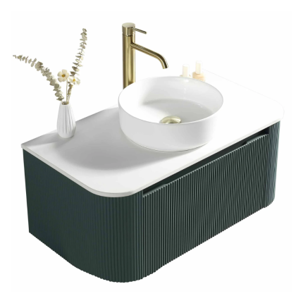 Florence Fluted 870 Curved Wall Mounted Vanity Unit With Worktop - Smoked Sage