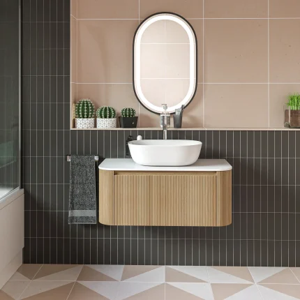 Alternative view of Florence Fluted 870 Curved Wall Mounted Vanity Unit With Worktop - Country Oak