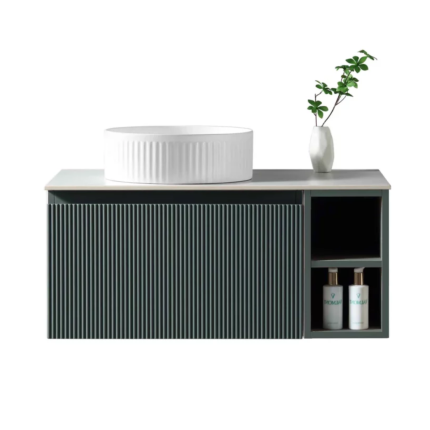 Florence Fluted 800 Wall Mounted Vanity Unit With Worktop and Open Shelf - Smoked Sage