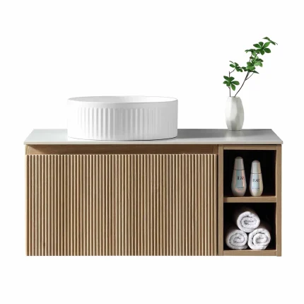 Florence Fluted 800 Wall Mounted Vanity Unit With Worktop and Open Shelf - Country Oak