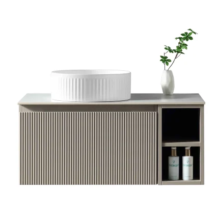 Alternative view of Flauto Fluted 800 Wall Mounted Vanity Unit With Worktop and Open Shelf - Soft Coffee