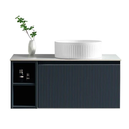 Florence Fluted 800 Wall Mounted Vanity Unit With Worktop and Open Shelf - Midnight Shadow