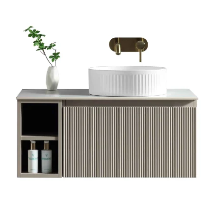 Flauto Fluted 800 Wall Mounted Vanity Unit With Worktop and Open Shelf - Soft Coffee